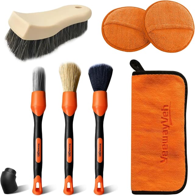Detalle de YeewayVeh 7PCS Car Interior Detailing Kit (Orange) – soft, scratch-free brushes, applicator pads & microfiber cloth