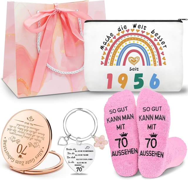 Detalle de Shining She 70. Geburtstag Frau Set mit 1956 Kosmetiktasche, Schlüsselanhänger, klappbarem Kosmetikspiegel, rosafarbenen Socken