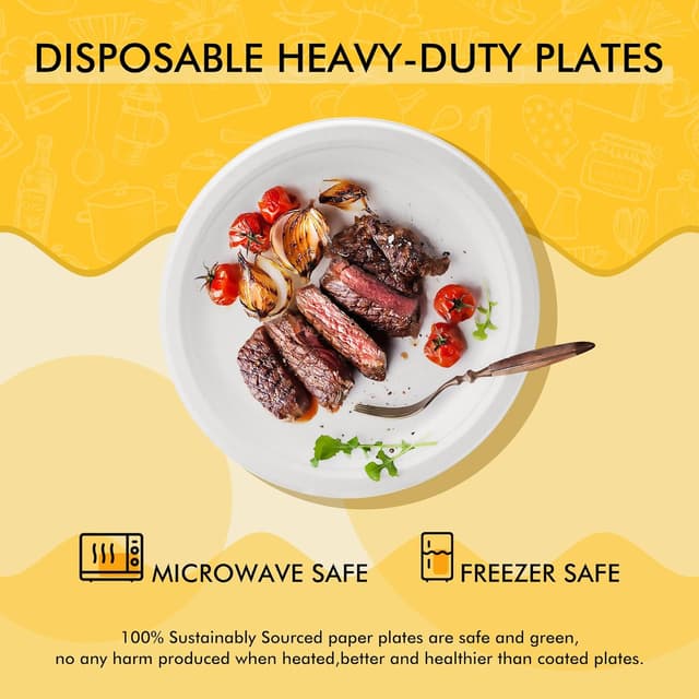 Detalle de RACETOP Disposable Compostable Paper Plates (9 Inch, 125 Pack) — White Bagasse, Heavy-Duty Sugarcane-Fiber Plates