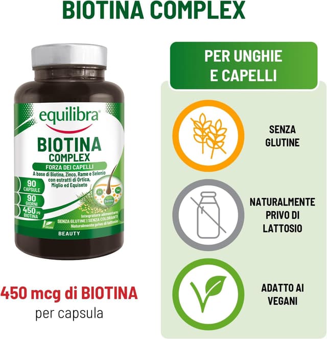 Detalle de Equilibra Integratori Alimentari Biotina Complex altodosato (90 capsule) – benessere di capelli, pelle e unghie