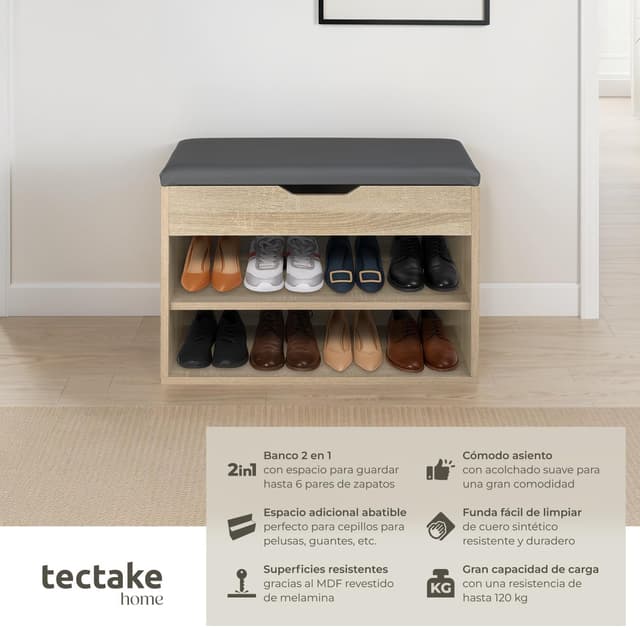 Detalle 2 de tectake Zapatero madera con cojín extraíble 10 pares