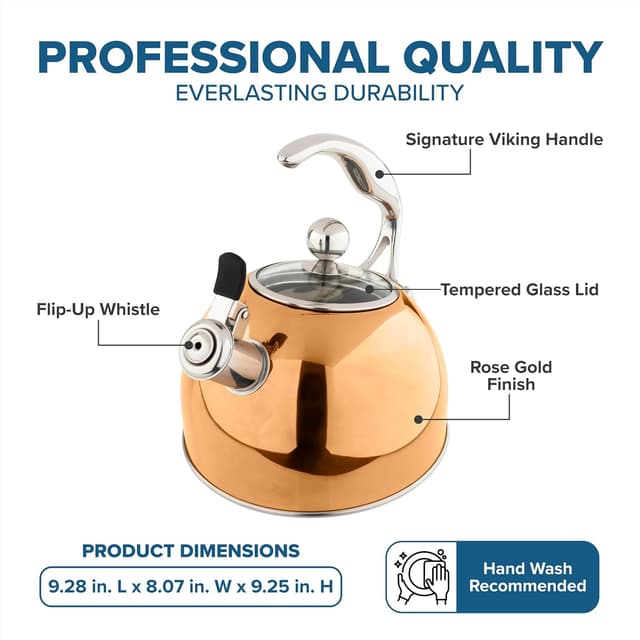 Detalle 2 de Viking 3-Ply Stainless Steel Tea Kettle (2.6 Quart) with Tempered Glass Lid, Rose Gold
