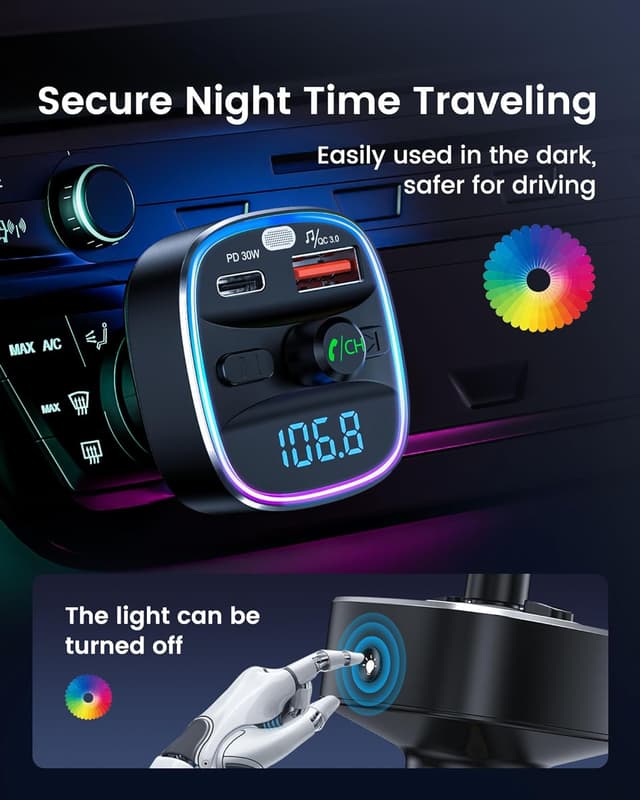 Thumbnail 6 de LENCENT Transmisor FM Bluetooth 5.4 coche 48W PD 30W & 18W Luz 7 colores