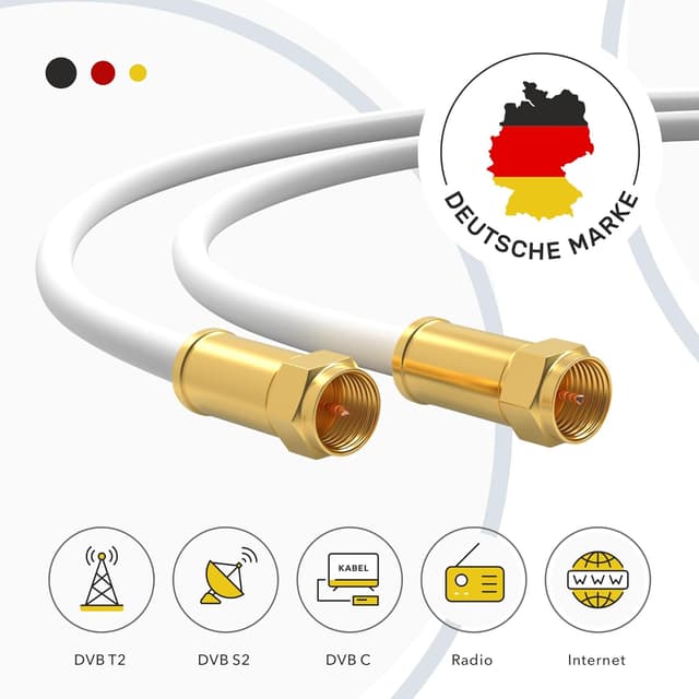 Detalle de RedStar24 Premium 2m SAT-Kabel (Klasse A+) mit F-Steckern für TV, Router & Modem – koaxial, weiß