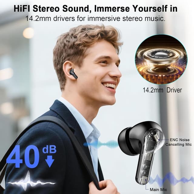 Detalle 2 de Wireless Earbuds (Bluetooth 5.4) HiFi Stereo with 4 ENC Noise-Cancelling Mics, 48H Battery, Dual LED Case Display, IP7 Waterproof - Black