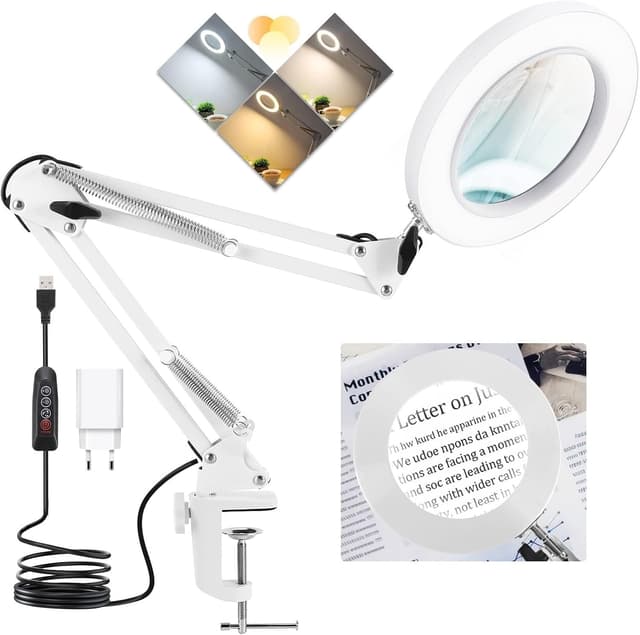 Detalle de Lampada con lente di ingrandimento Kevsuvqin 10x con luce e morsetto, braccio orientabile, 3 modalità colore