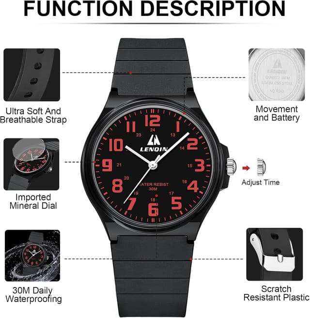 Detalle de LN LENQIN men’s analog quartz wrist watch with 20mm silicone strap (30M waterproof)