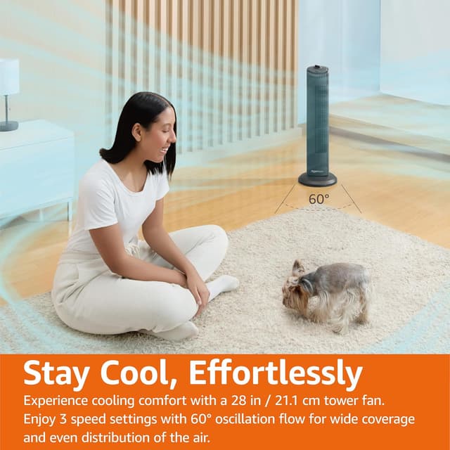Detalle 2 de Amazon Basics 28-inch 60° Oscillating Tower Fan (71 cm) in Matte Black