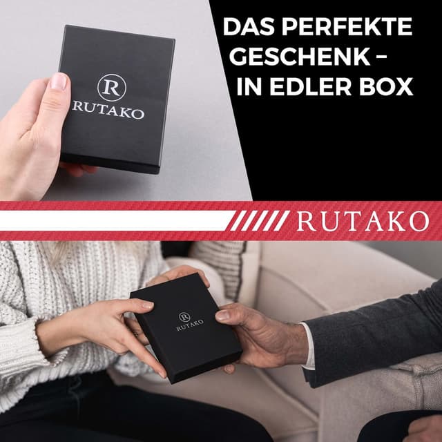 Detalle de RUTAKO Herren-Leder-Geldbörse mit RFID-Schutz, Querformat mit Münzfach und 12 Fächern (Carbon-Rot)