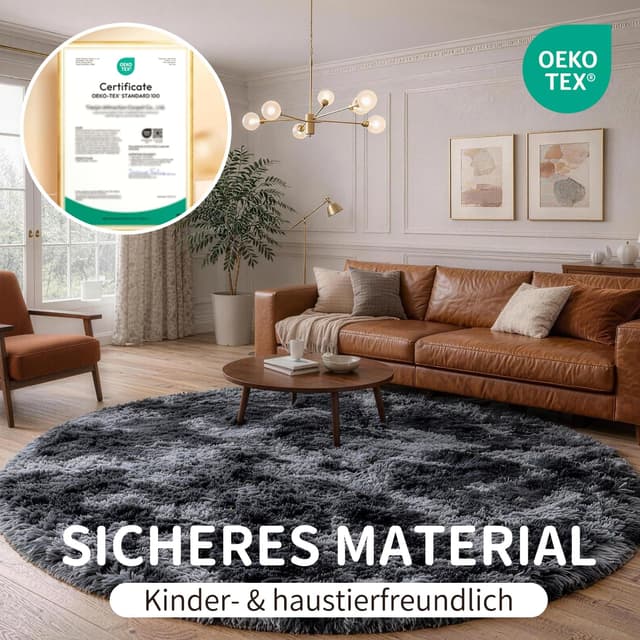 Detalle 2 de VOFUSHON Hochflor-Teppich rund 150 cm dunkelgrau, waschbar & rutschhemmend