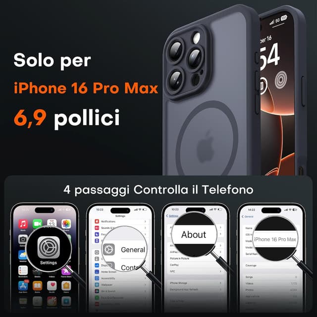 Detalle 2 de TOCOL Cover magnetica per iPhone 16 Pro Max 6,9" compatibile con MagSafe, protezione fotocamera e antiurto traslucida opaca (nero)
