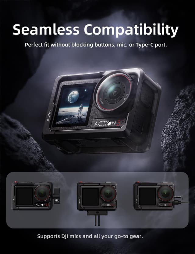 Detalle de llano Action Camera Cage for DJI Osmo Action 5 Pro / 4 / 3 (CNC aluminium) — cold shoe + 1/4”-20, magnetic mount compatible, 57g