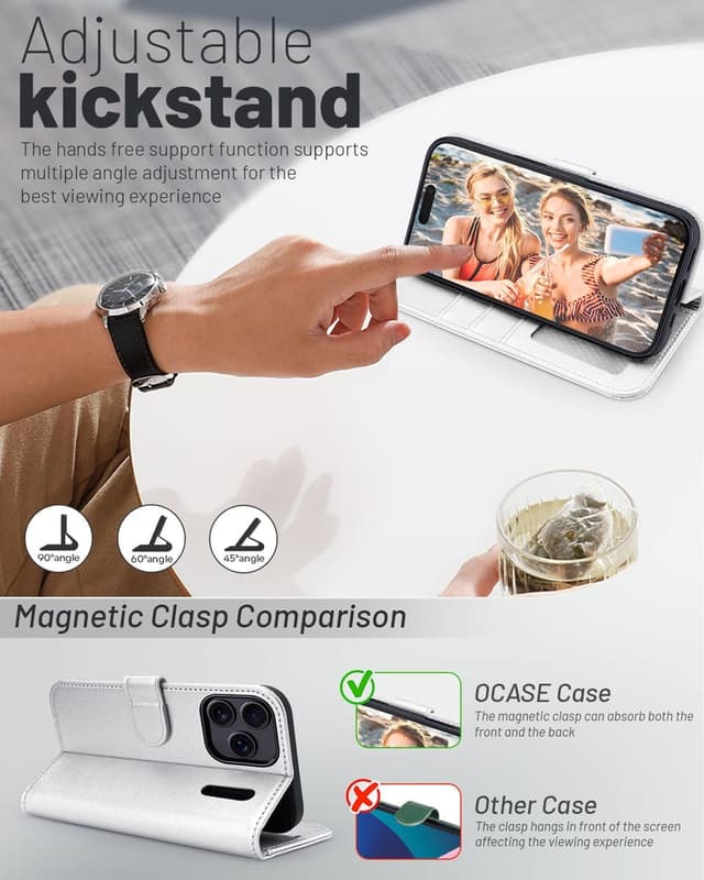 Detalle de OCASE Hülle für iPhone 17 Pro Max 5G mit Kartenfach, Magnet & RFID-Blocker (Leder, Silber)