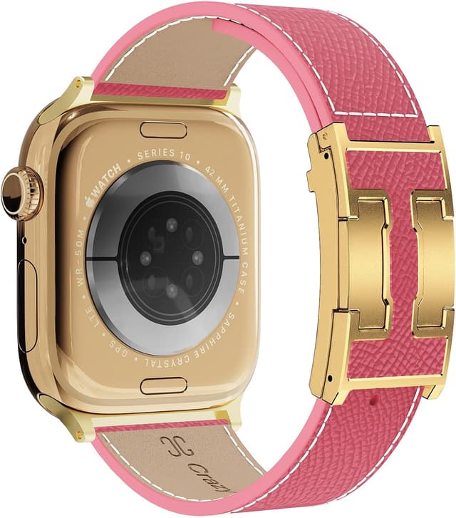 Detalle de Genuine Leather Designer Replacement Strap with Magnetic H Buckle for Apple Watch (49mm–38mm)