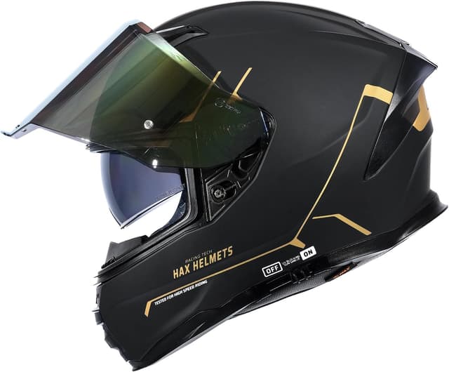 Detalle de HAX Force Aerodynamic Full Face Helmet (DOT & ECE 22.06) with Enhanced Dual Visor — Matte Black Gold — Adult Size M