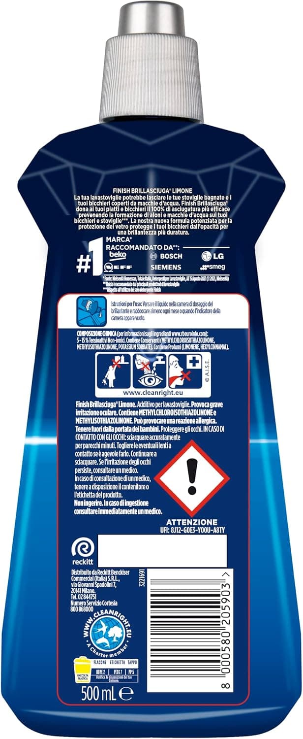Detalle de Finish Brillantante Lavastoviglie al Limone (2 x 500 ml) Brillasciuga: aiuta piatti e bicchieri ad asciugarsi meglio