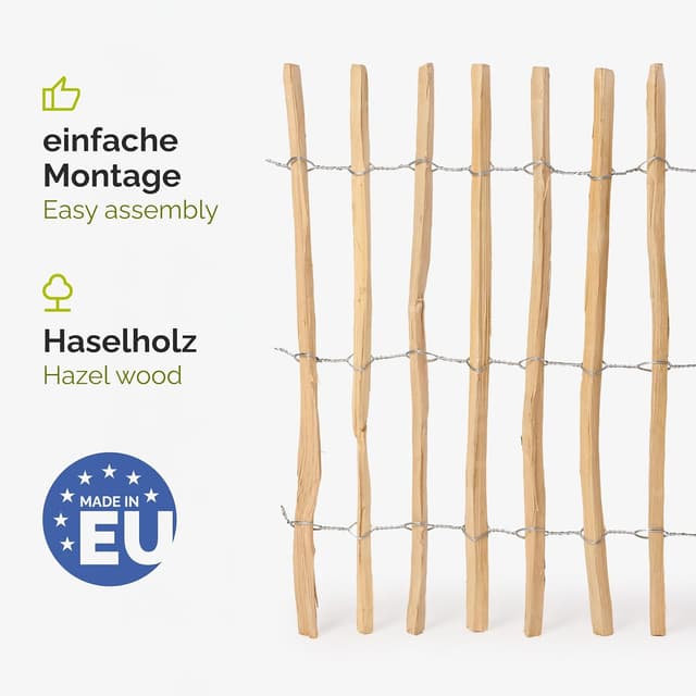 Detalle de Garronda Gartenzaun zum Stecken aus Haselnüsseholz (Lattenabstand: 7–8 cm), 80 x 500 cm – für Beeteinfassung & Grundstücksabgrenzung