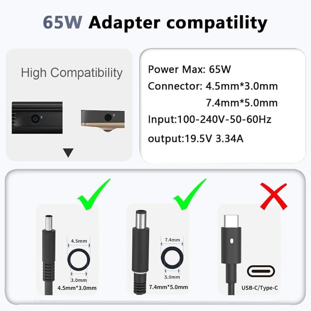 Detalle 2 de 65W Dell Laptop Charger (Round Tip) Compatible with Dell Inspiron, Vostro & Latitude