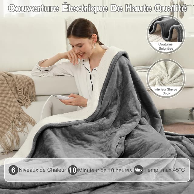 Detalle 2 de COZYTY Couverture chauffante électrique 130×180 cm en flanelle grise (6 réglages, minuterie 10 h)