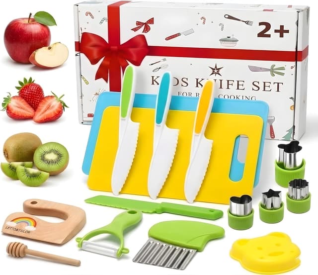 Kindermesser 16-teiliges Kinder-Sicherheits-Kochmesser-Set (inkl. Schneidebrett & Ausstechformen) – für Kinder ab 2 Jahren