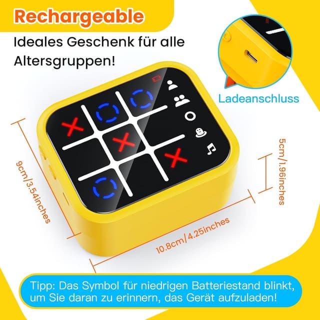 Detalle de Anoawens Wiederaufladbare Tic-Tac-Toe Spielbox (5-in-1) – Handheld Puzzle-Konsole für unterwegs, ab 3 Jahren, gelb