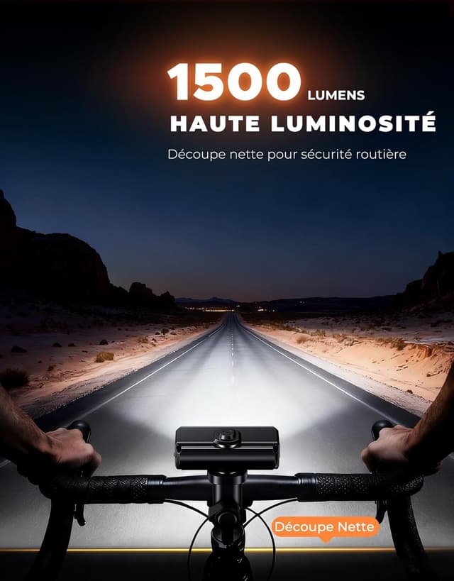 Detalle 2 de EOIWUY Lumière de vélo avant et arrière 1500 lm, 4+5 modes USB Type-C étanche IP65