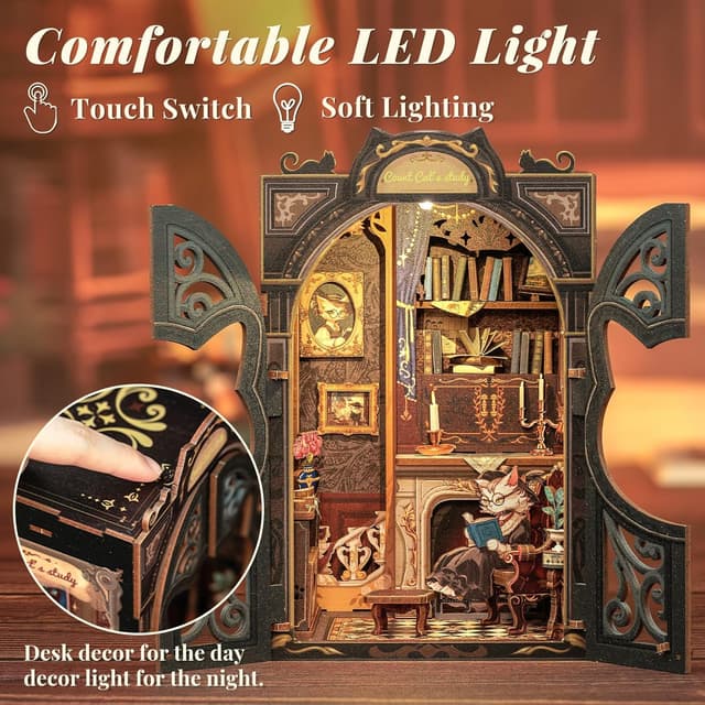 Detalle de Fsolis Book Nook Kit Fai da Te: case per miniature con luci LED a forma di testa di gatto