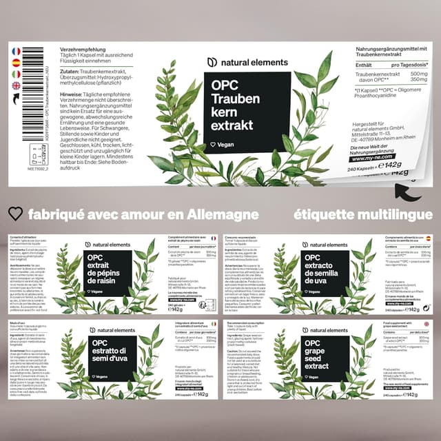 Detalle 2 de OPC extrait de pépins de raisin – 240 gélules (8 mois) d’origine raisins français, végane, fabriqué en Allemagne