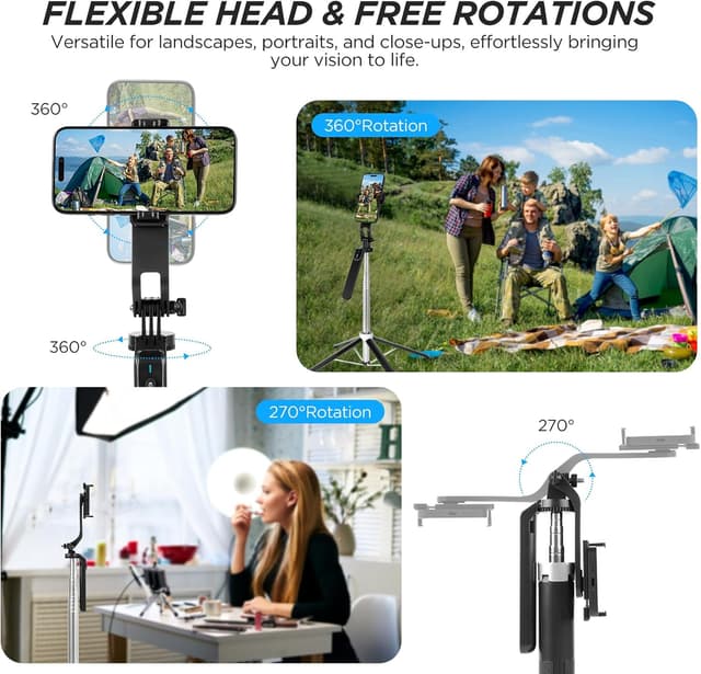 Detalle de Romon 180 cm Handy-Stativ (Quad-Stativ, Selfie-Stick, 360° Drehung) für iPhone, Android & Kamera