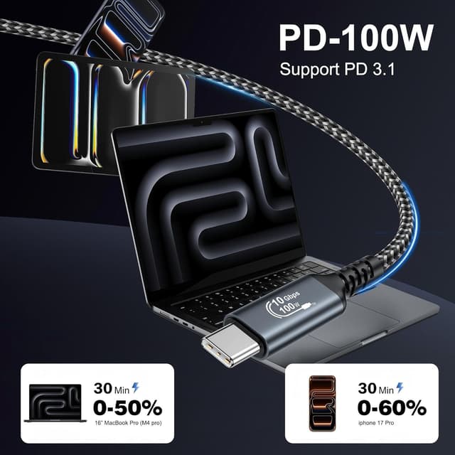 Detalle 2 de Câble USB‑C vers USB‑C 100 W (2 m) USB 3.2 Gen 2 10 Gbps avec puce E‑Mark