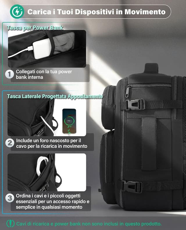 Thumbnail 6 de Zaino da cabina VANKEV EasyJet Lufthansa British Airways Jet2 45x36x20 cm (32L) con tasca laptop fino a 15,6" nero