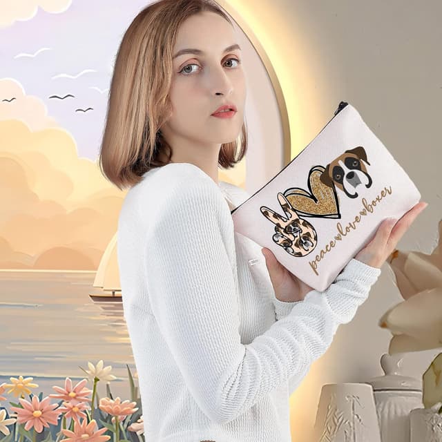 Detalle 1 de LEVLO Peace Love Boxer cosmetic bag (linen cotton) zippered pouch, 23 x 17 cm