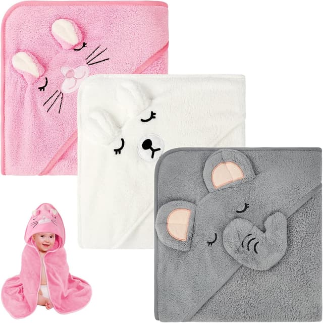 Detalle de Aolso Cape de bain bébé à capuche 3 pièces 80 x 80 cm (corail) Éléphant gris + Chaton rose + Ours blanc