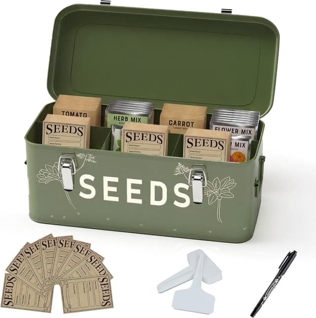 Detalle de Orionstar Seed Storage Organiser: metal seed saving box with lid, 4 compartments & storage set