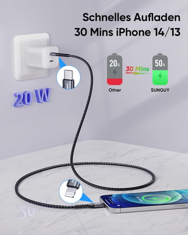 Detalle de Câble USB‑C vers Lightning SUNGUY (MFi) 2 m – 2 pièces, charge rapide compatible iPhone