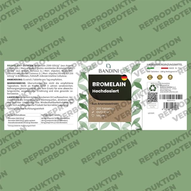 Detalle 2 de Bandini® Bromelain 10.000 F.I.P./g – 200 magen-saftresistente Tabletten für Entwässerung & Blähungen