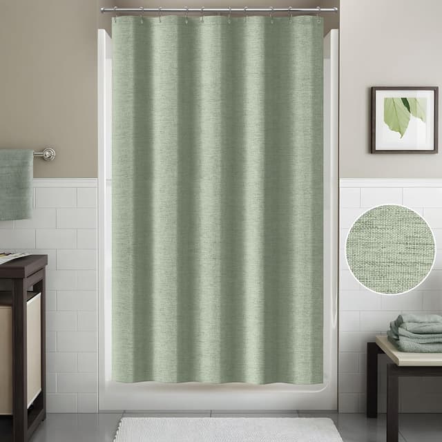 Detalle de Rideau de douche en lin polyester VANZAVANZU avec anneaux métalliques imperméable anti-moisissures, vert sauge 152x214 cm