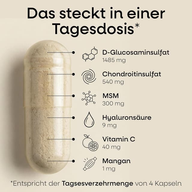 Detalle de Glucosamin Chondroitin hochdosiert MSM Kapseln (240 Stück) mit Vitamin C, Hyaluronsäure & Mangan – 6in1 Komplex