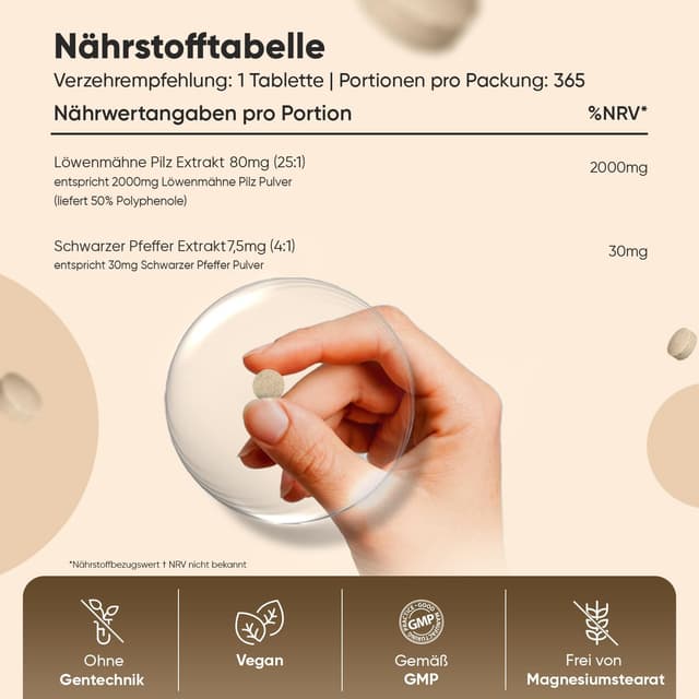 Detalle de WeightWorld Löwenmähne 365 Tabl. 2000mg 🧪