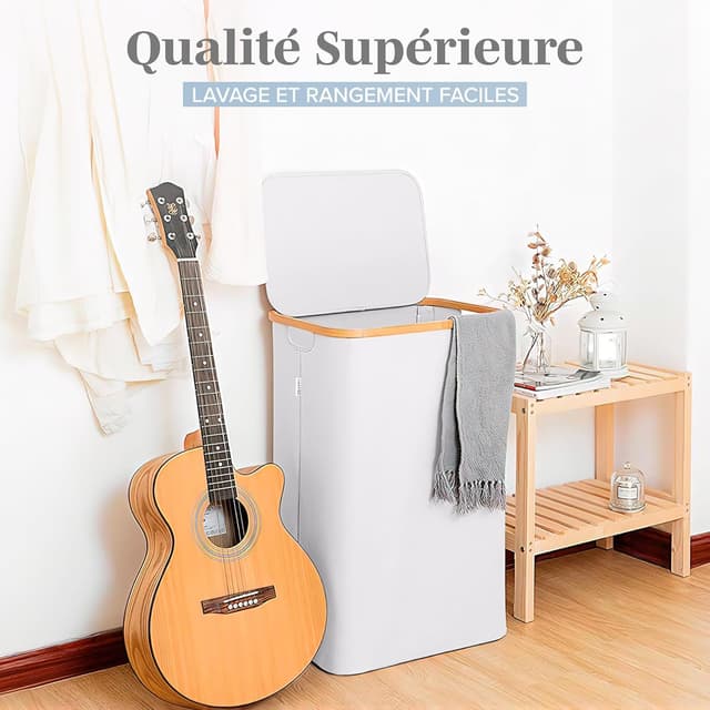 Detalle de LONBET 100L panier à linge avec couvercle et cadre en bambou, sac amovible et poignées latérales (gris clair)