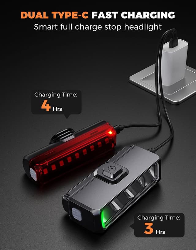 Detalle de EOIWUY bike lights set (1500LM front) with wide beam, 4+5 modes and USB Type-C charging, IP65 waterproof