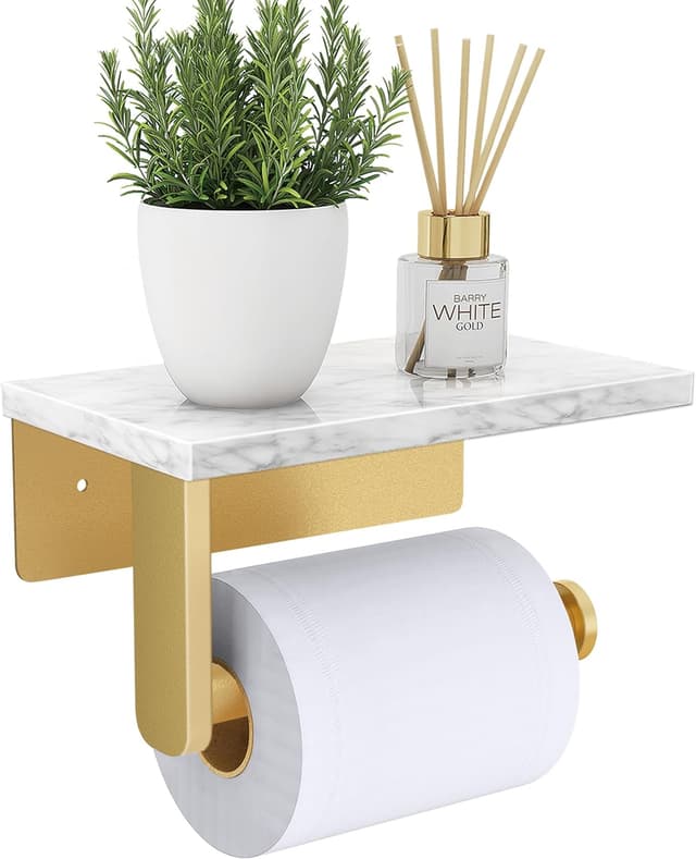 Detalle de Gypie wall-mounted toilet roll holder with marble shelf (304 stainless steel) in matt gold
