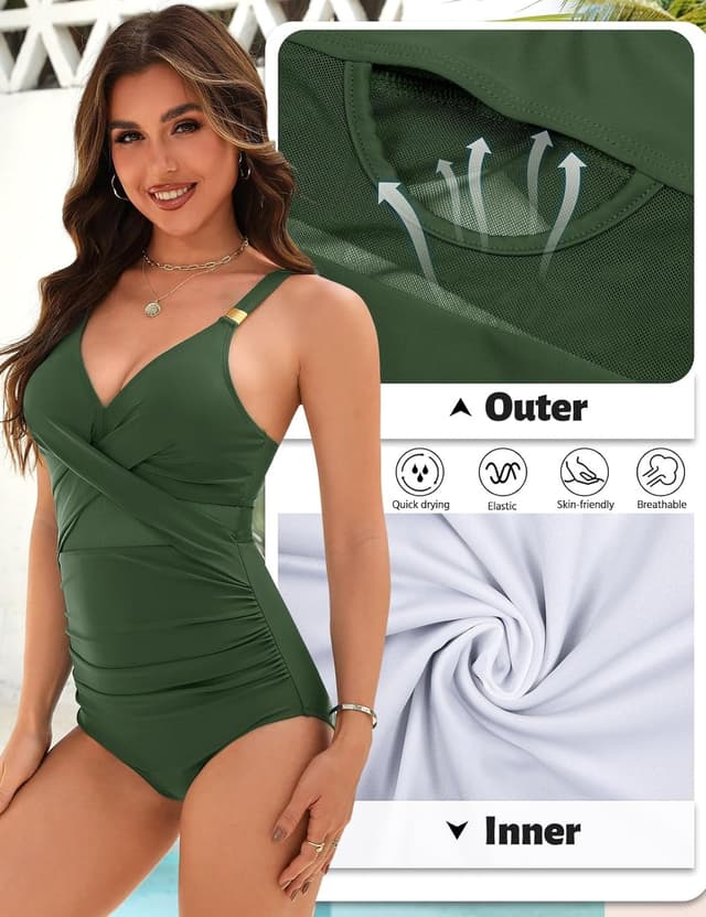 Detalle de FemiChic Maillot de bain femme 1 pièce gainant à col en V, froncé et push-up grande taille