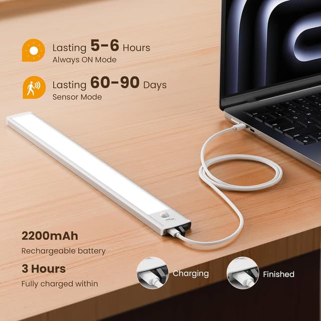 Detalle de TANSOOL+ 40cm Under-Cabinet Kitchen Lights (Motion Sensor) – USB-C Rechargeable LED, 2 Pack