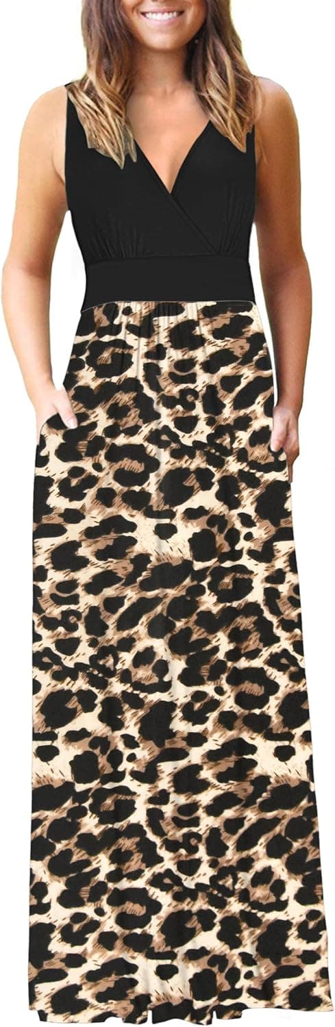 Thumbnail 6 de AUSELILY Sommerkleid Damen Lang ärmellos Wickelkleid mit V-Ausschnitt und Taschen