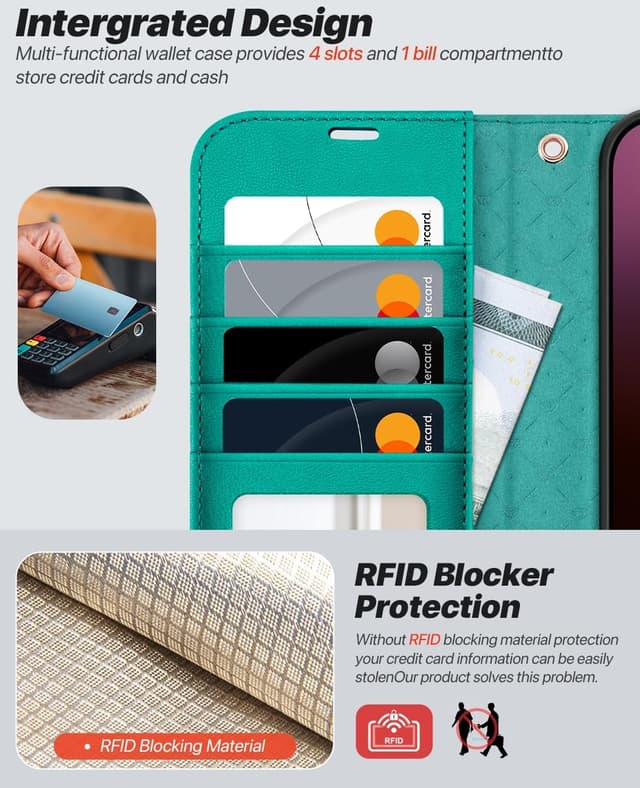 Detalle de OCASE iPhone 16 Plus Hülle (2in1) aus Leder – stoßfest mit abnehmbarer Magnet-Flipbörse, Kartenfach, RFID und Standfunktion