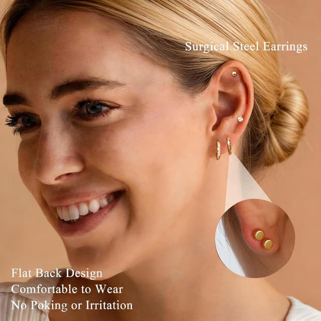 Detalle de TINGN 14 Paar Ohrringe Set mit flachem Verschluss aus 316L-Edelstahl (chirurgischer Stahl), vergoldete Creolen & Ohrstecker