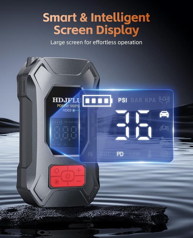 Detalle 2 de Jump starter 7500A con compressore 180 PSI, ricarica 65W e batteria portatile 24.000 mAh per auto 12V