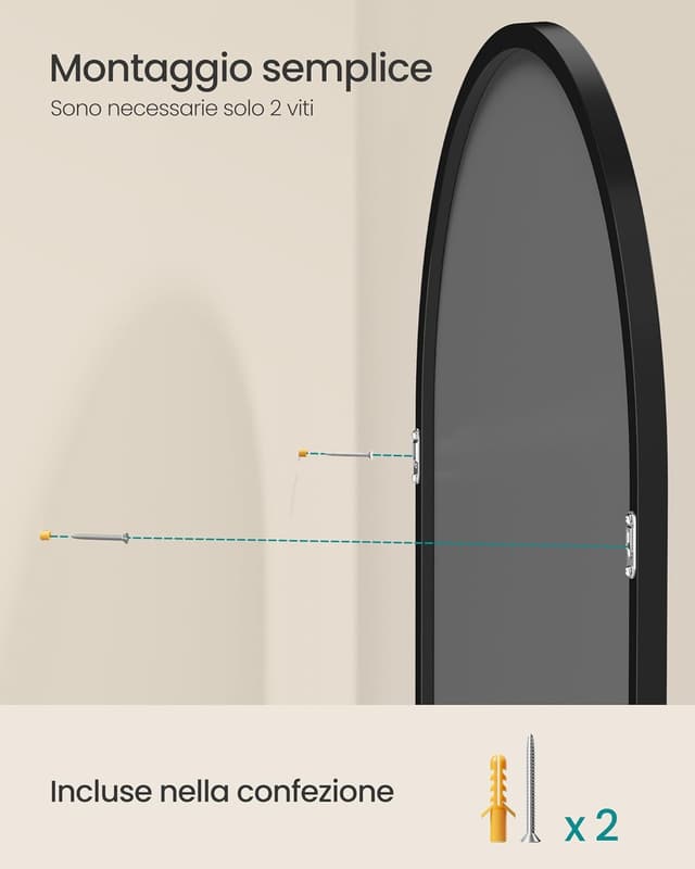 Detalle 2 de Specchio da parete ad arco SONGMICS LWM015BD01 in vetro temperato, 81 x 61 cm, cornice in alluminio nero