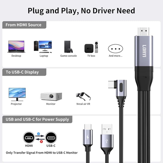 Thumbnail 6 de Loryi 90-Grad HDMI-auf-USB-C-Kabel (2,5 m) für Touch, 4K@60 Hz – Konverterkabel HDMI zu USB-C